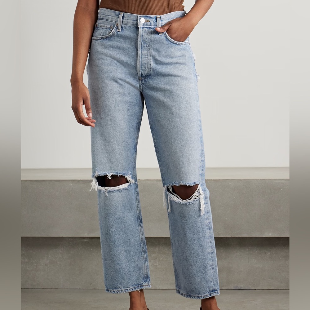 Agolde Light Blue Distressed Straight Leg Jeans